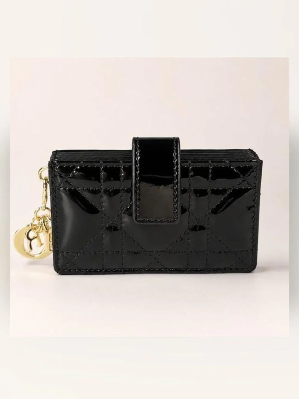 Christian Dior Black Patent Cannage Accordion Wallet Card Holder Gold Charms New